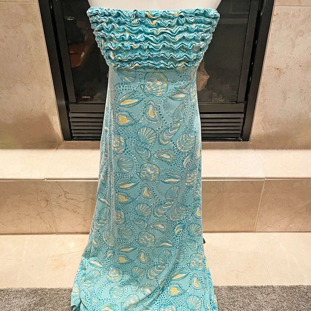 Lilly Pulitzer Aqua Blue Halter Shells Ruffle Strapless Maxi Dress
